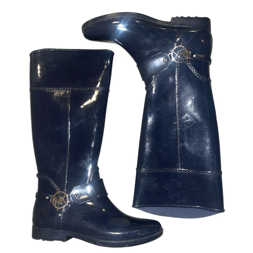Michael Kors Navy Fulton Harness Tall Rubber Rainboots Gold Logo Size 9